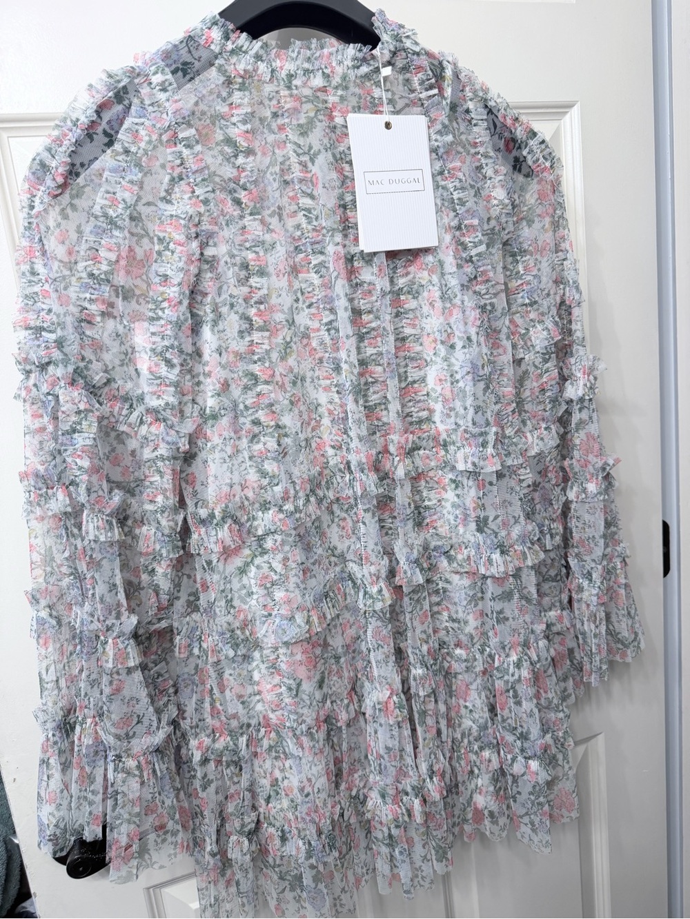 Mac Duggal Floral Print Long Flare Sleeve Mesh A-Line Dress